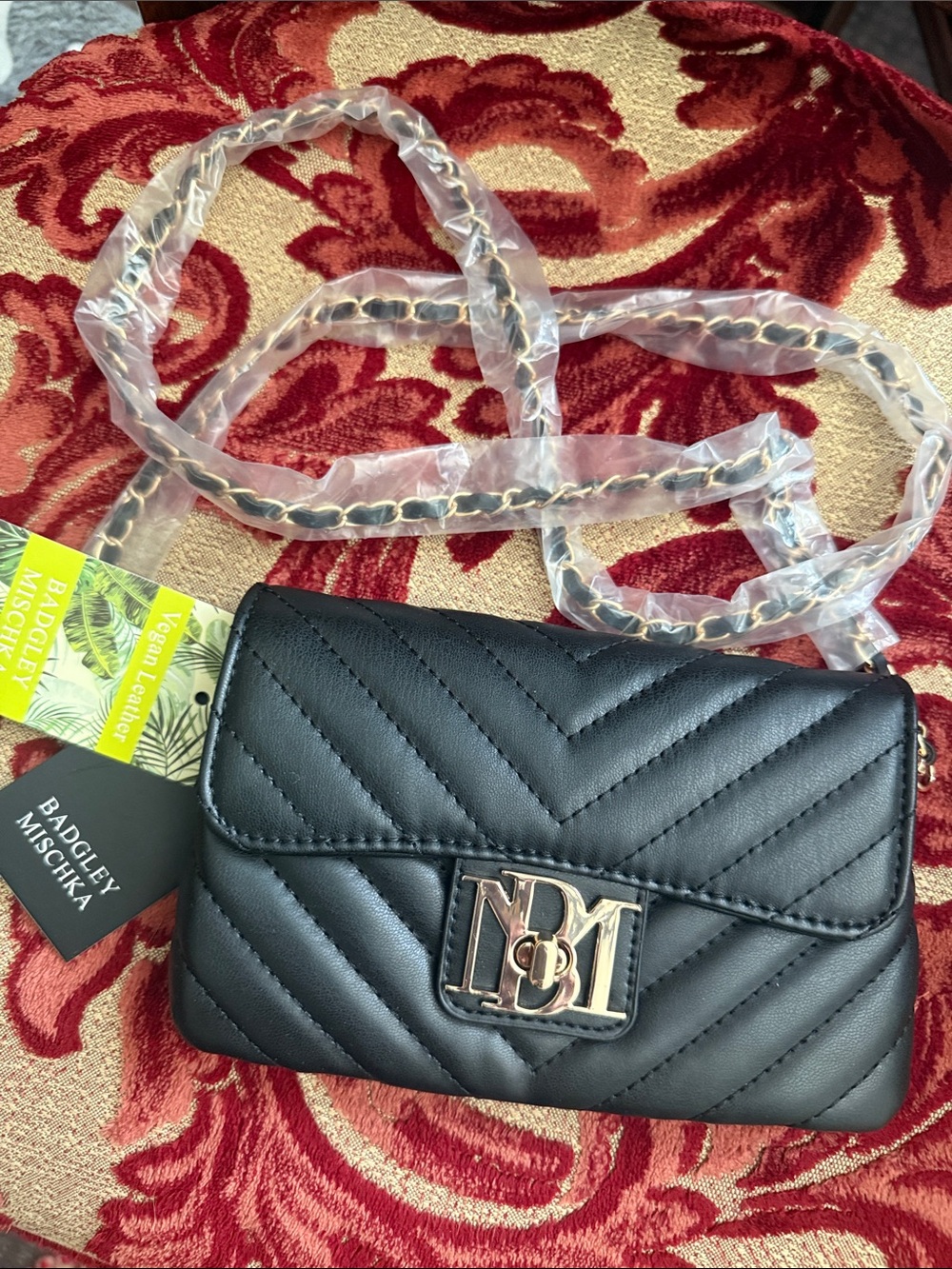 Badgley Mischka Black Quilted Mini Crossbody with Gold Logo